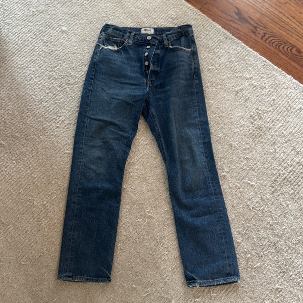 Agolde high waist, straight leg jeans. Button-fly.